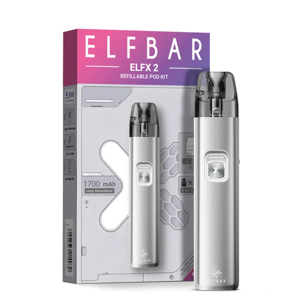 elfbar-elfx-2-titanium-silver-2.jpg Elfbar ELFX 2 Refillable Kit in Silber-Weiß mit Pod-System, Verpackung und Gerät nebeneinander
