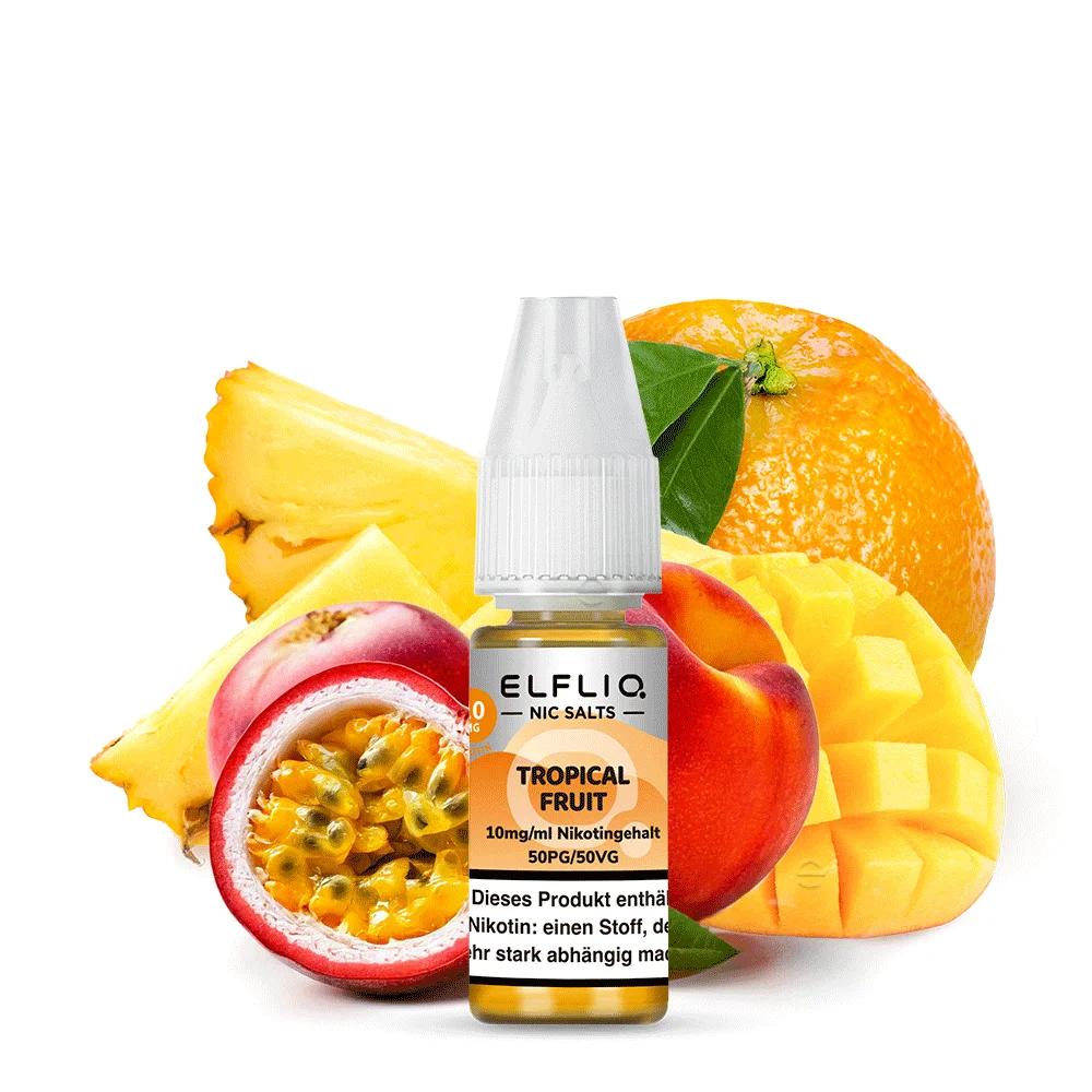Elfliq Tropical Fruit 10ml Nikotinsalz-Liquid von Elfbar, Flasche mit orangefarbenem Etikett und Früchte-Hintergrund