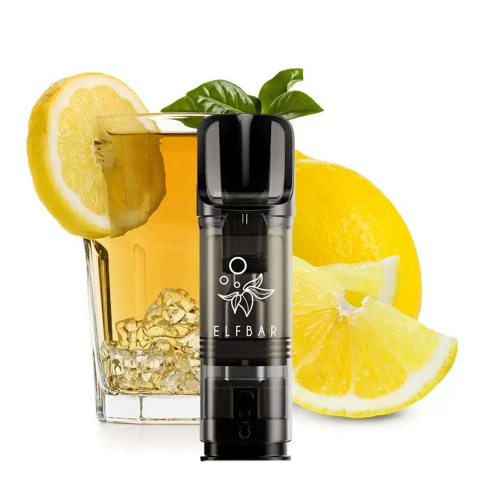 Elfbar Elfa Prefilled Pod Ice Tea Lemon, schwarzer Pod vor Zitronenglas mit Minze, Produktansicht ohne Verpackung