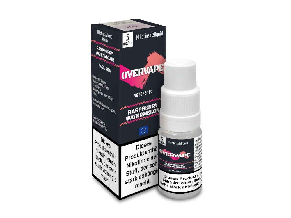 Overvape Raspberry Watermelon 10ml Nikotinsalz-Liquid – Flasche mit schwarzer Box und pinker Aufschrift