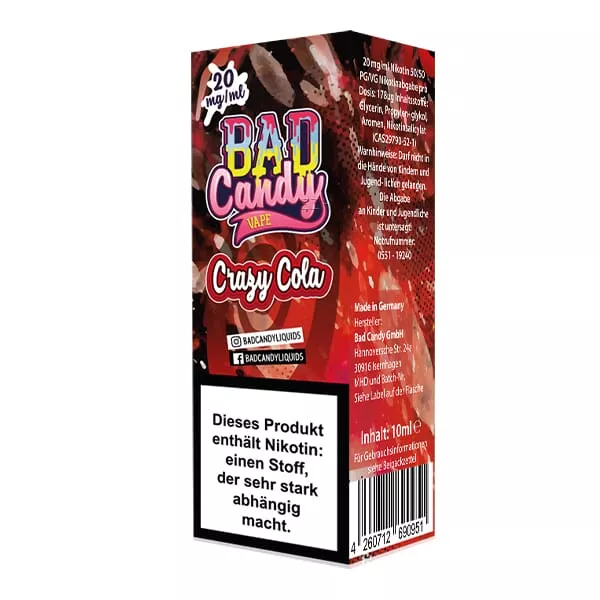 Bad Candy Crazy Cola 10ml Nikotinsalz-Liquid, einzelne Flasche mit rotem Etikett und Kirsch-Cola-Design