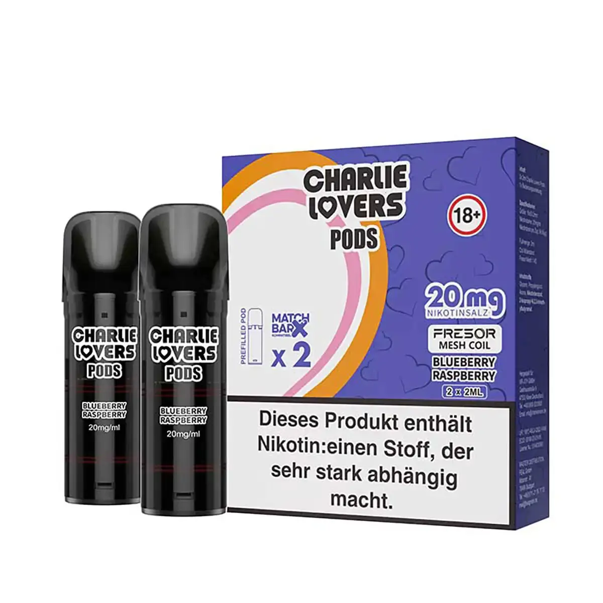 Charlie Lovers Prefilled Pod Blueberry Raspberry 2er-Pack Verpackung mit zwei schwarzen Pods, 20 mg Nikotin