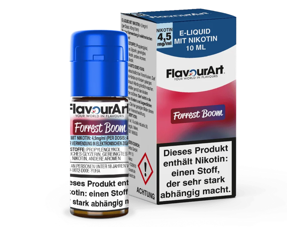 FlavourArt Forrest Boom 10ml Liquid 4,5mg – Flasche mit rosa Etikett und Schachtel, Frontansicht