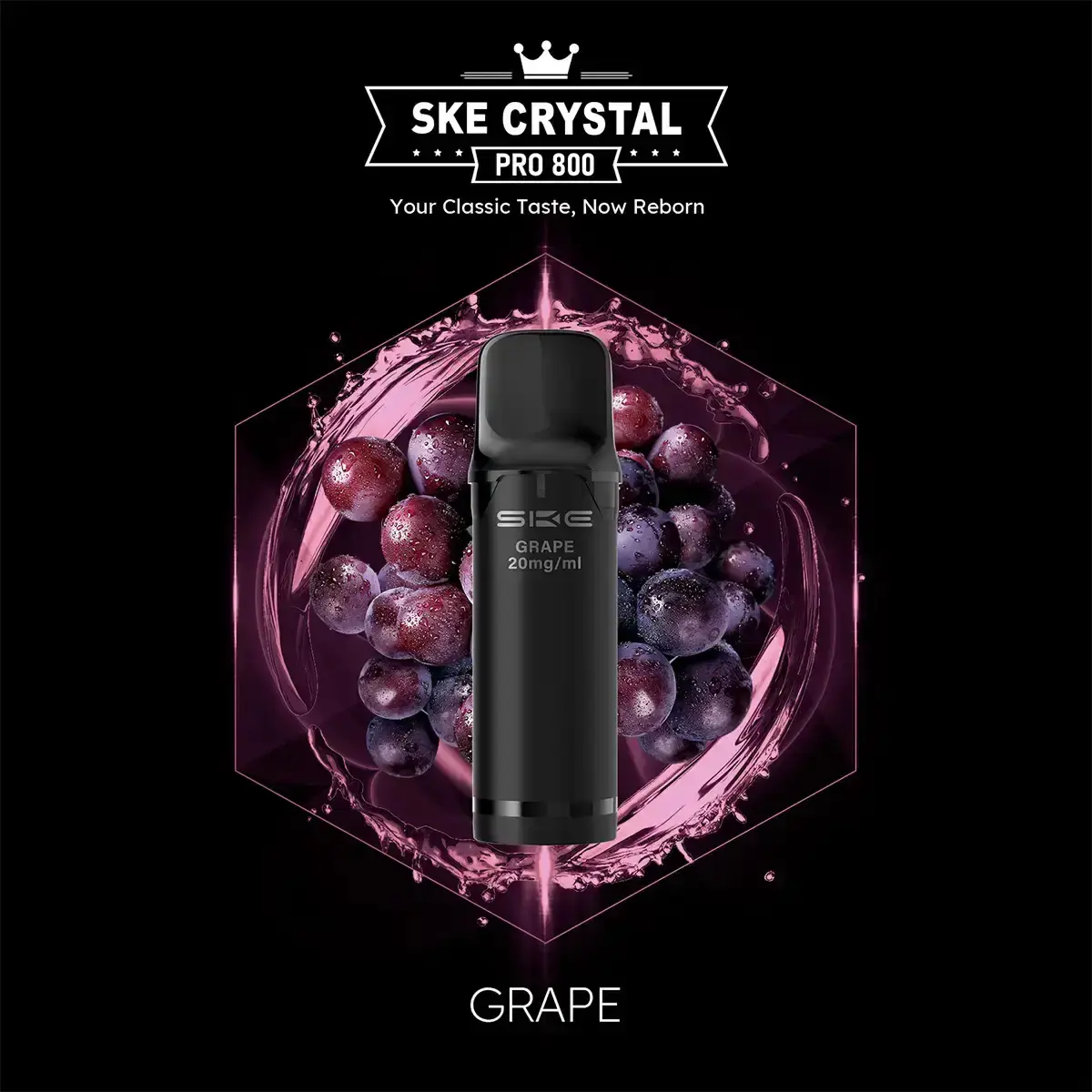 Schwarzer SKE Crystal 800 Pro Prefilled Pod vor Trauben-Hintergrund, Sorte Grape
