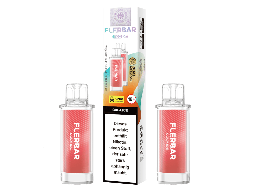 Flerbar Prefilled Pod Cola Ice – Verpackung und zwei rosafarbene Pods im Doppelpack