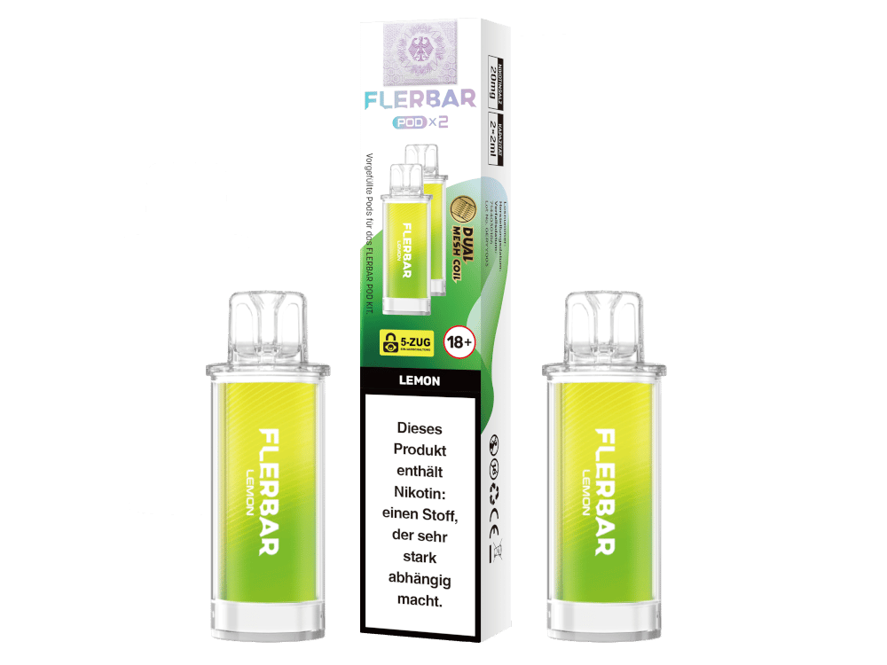 Flerbar Prefilled Pod Lemon – Verpackung und zwei transparente Pods mit gelbgrüner Flüssigkeit