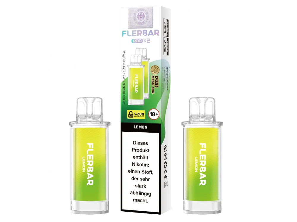 Flerbar Prefilled Pod Lemon – Verpackung und zwei transparente Pods mit gelbgrüner Flüssigkeit