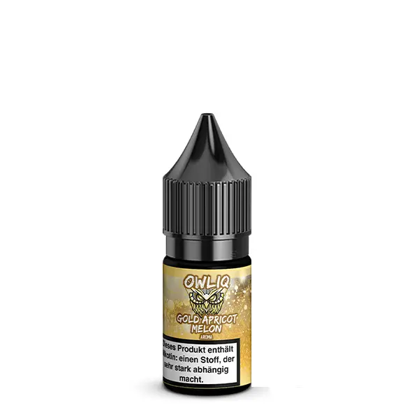 OWL Owliq Gold Apricot Melon Nikotinsalz-Liquid 10ml Flasche mit goldenem Etikett, Produktfoto freistehend