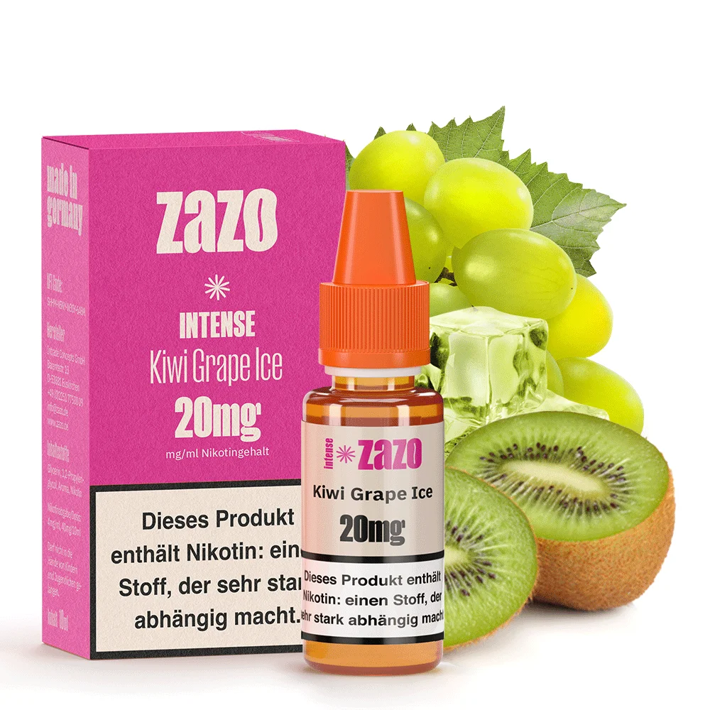 ZAZO Intense Kiwi Grape Ice 20mg Nikotinsalz-Liquid, pinke Verpackung mit Flasche, Kiwi und Trauben