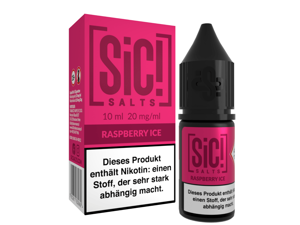 SiC! Salts Raspberry Ice 10ml Nikotinsalz-Liquid in pinker Flasche mit weißem Etikett, Frontansicht
