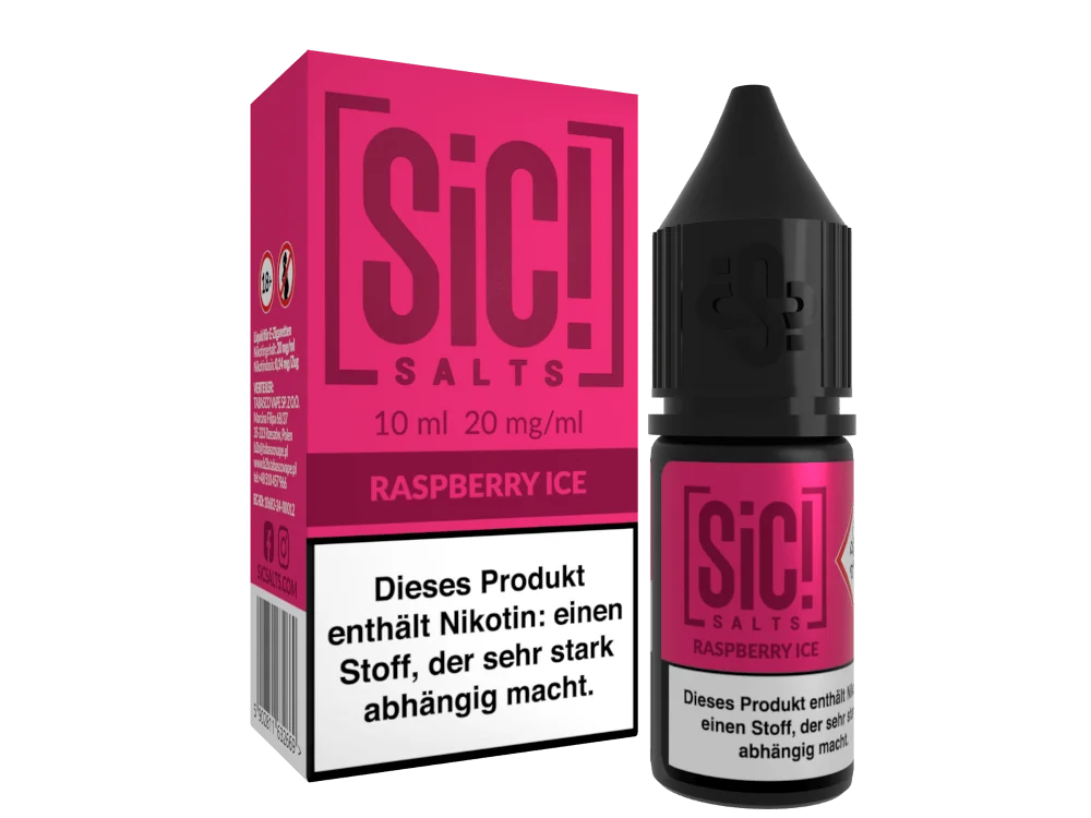 SiC! Salts Raspberry Ice 10ml Nikotinsalz-Liquid in pinker Flasche mit weißem Etikett, Frontansicht