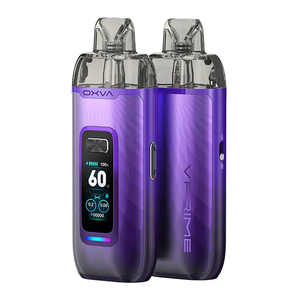 oxva-vprime-pod-kit-16.jpg Oxva VPrime Pod Kit in Lila mit farbigem Display und zwei Pods – Frontansicht