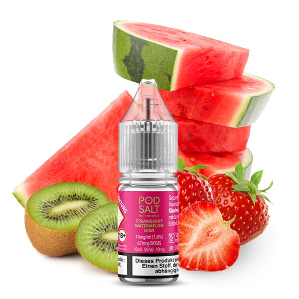 PodSalt Xtra Strawberry Watermelon Kiwi 10ml Nikotinsalz-Liquid, pinke Flasche mit Früchten