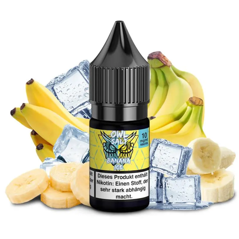 OWL Banana Ice 10ml Nikotinsalz-Liquid Flasche mit Warnhinweis-Etikett, Bananen und Eiswürfeln