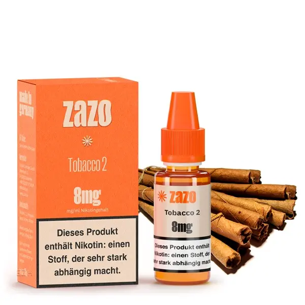 ZAZO Classics Tobacco 2 Liquid 8 mg, orangefarbene Box mit Tabakzigarren und 10-ml-Flasche