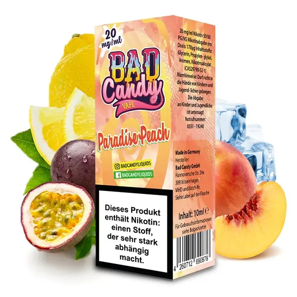 Bad Candy Paradise Peach 10ml Nikotinsalz-Liquid 20mg, Flasche mit Pfirsich, Maracuja und Zitrone