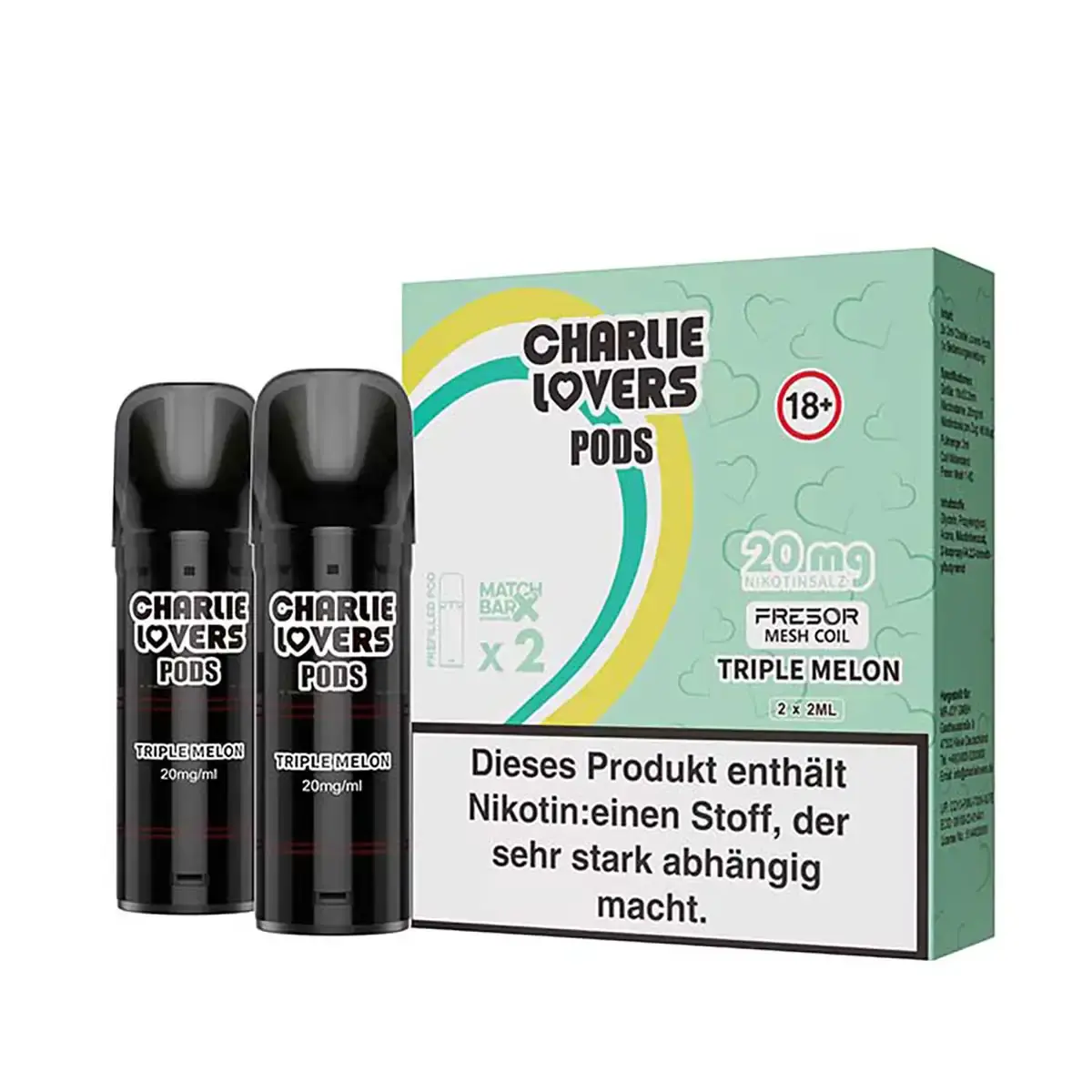 Charlie Lovers Prefilled Pod Triple Melon 2er-Pack – zwei schwarze Pods mit mintgrüner Verpackungsbox, 20 mg