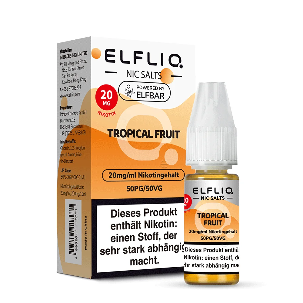 Elfliq Tropical Fruit 10ml Nikotinsalz-Liquid von Elfbar, 20mg Stärke, orange-goldenes Etikett, Vorderansicht