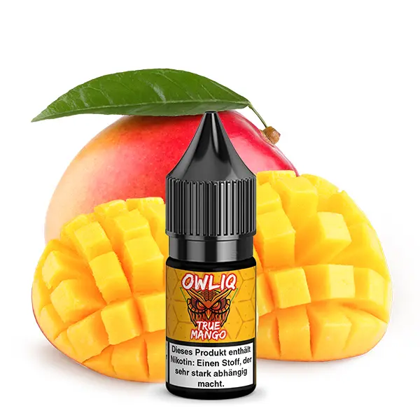 owlliq-true-mango-nikotinsalz-1.jpg Owliq True Mango 10ml Nikotinsalz-Liquid – kleine Flasche vor aufgeschnittener Mangofrucht
