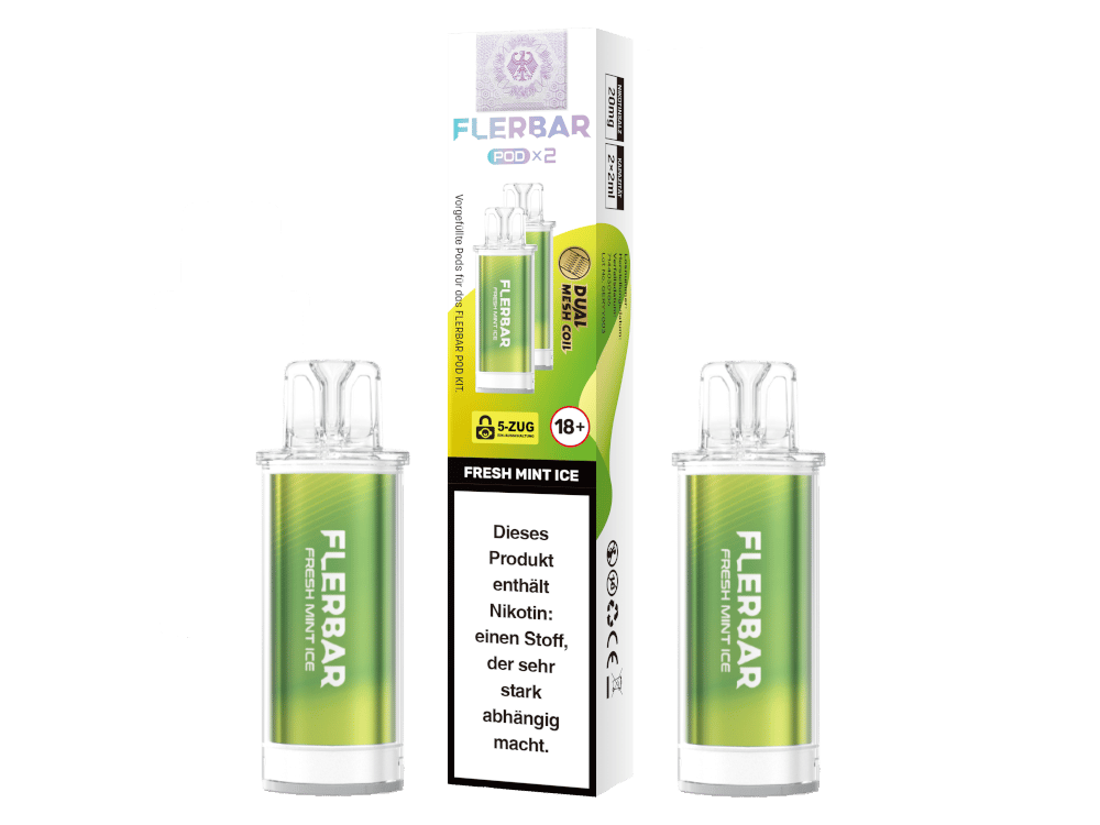 Flerbar Prefilled Pod Fresh Mint Ice – 2er-Pack in grüner Verpackung mit zwei transparenten Pods