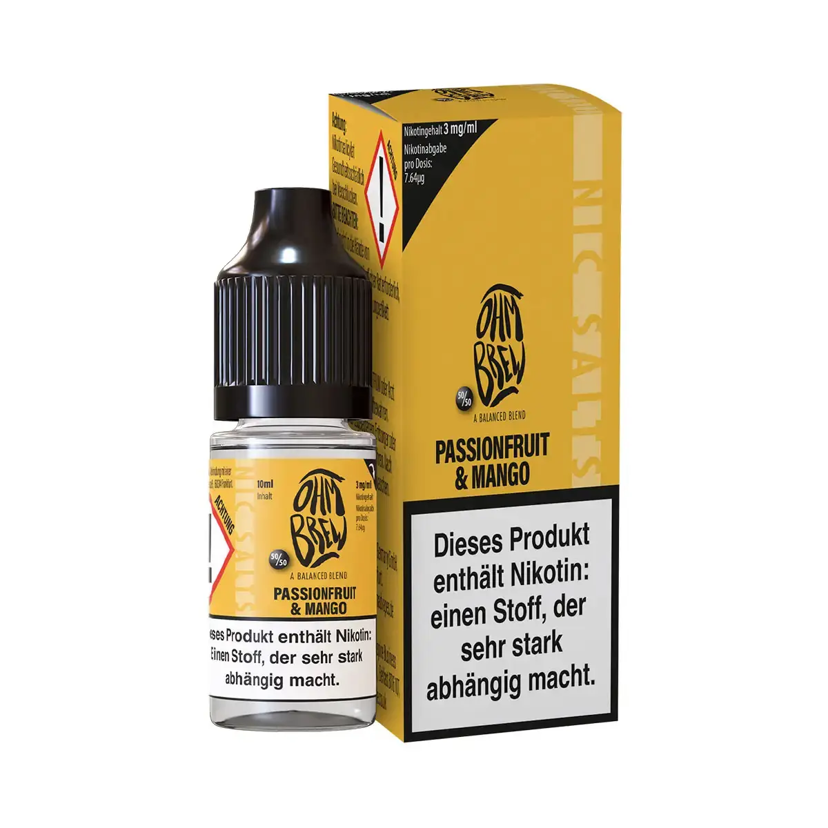 Ohmbrew Passionfruit & Mango 10ml Nikotinsalz-Liquid – gelbe Flasche mit Karton, Frontansicht