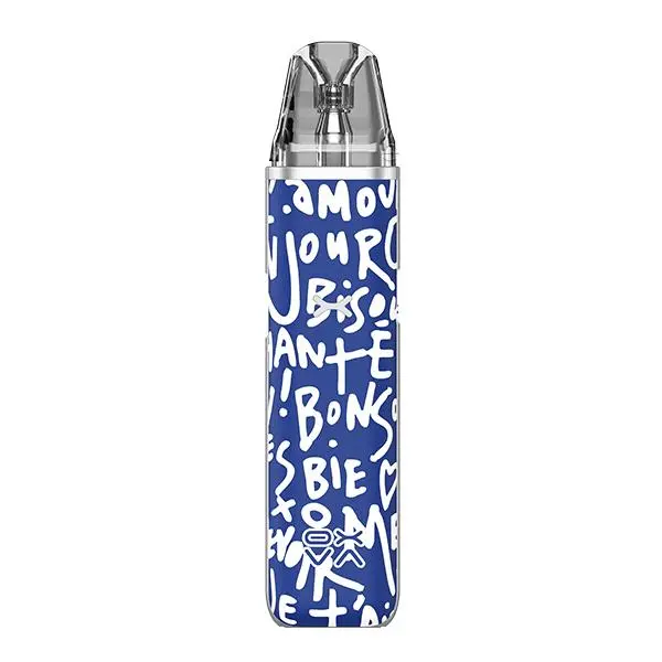 Oxva Xlim Go Pod Kit in Blau mit weißem Graffiti-Schriftmuster, Frontansicht
