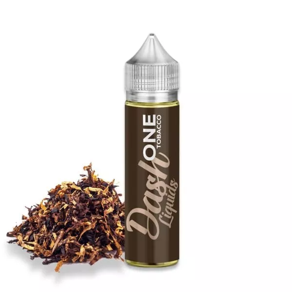 Dash One Tobacco Longfill in brauner 60-ml-Flasche auf einem Bett aus Tabakblättern