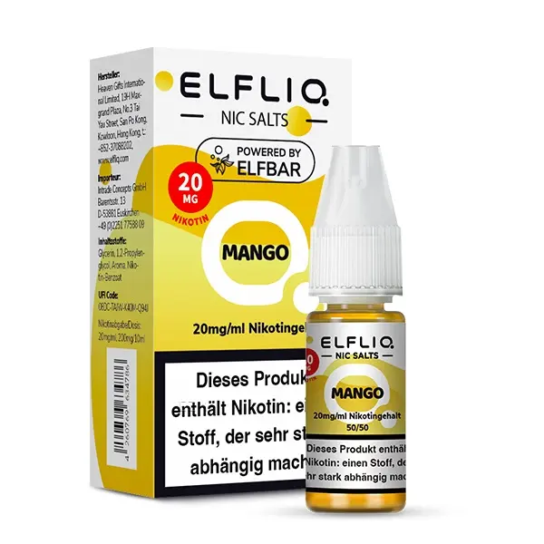 Elfliq Mango Nikotinsalz-Liquid 10ml Flasche mit gelber Verpackungsbox, 20mg Nikotin, von Elfbar