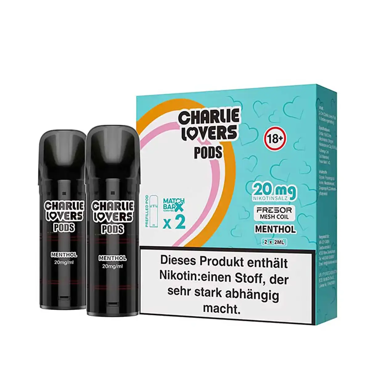 Zwei Charlie Lovers Prefilled Pods Menthol 20mg mit türkis-weißer Verpackung, Frontansicht