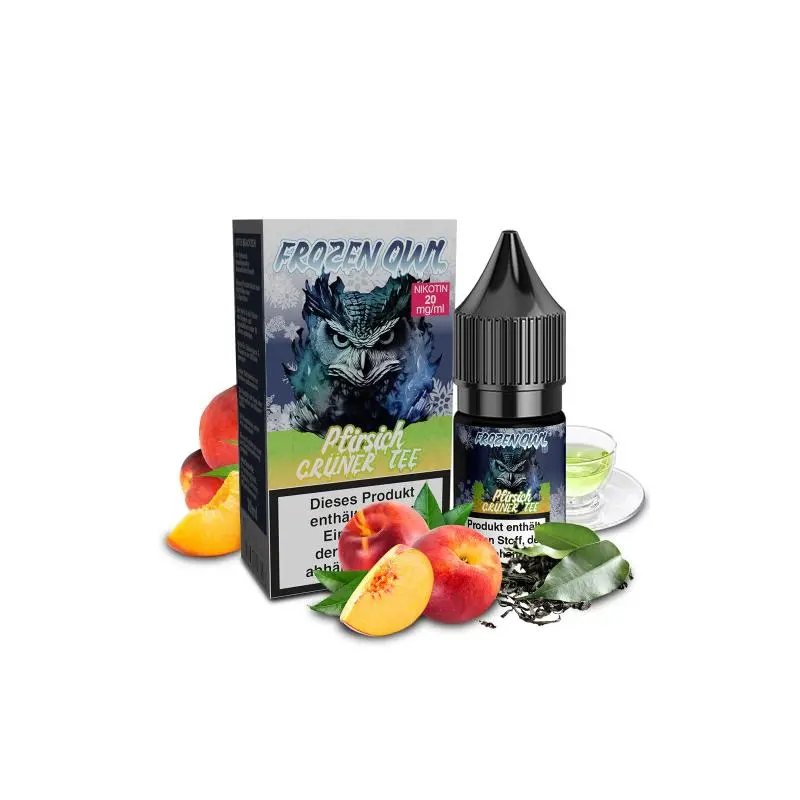 OWL Frozen Pfirsich Grüner Tee 10ml Nikotinsalz-Liquid – Flasche mit Verpackungsbox und Pfirsich