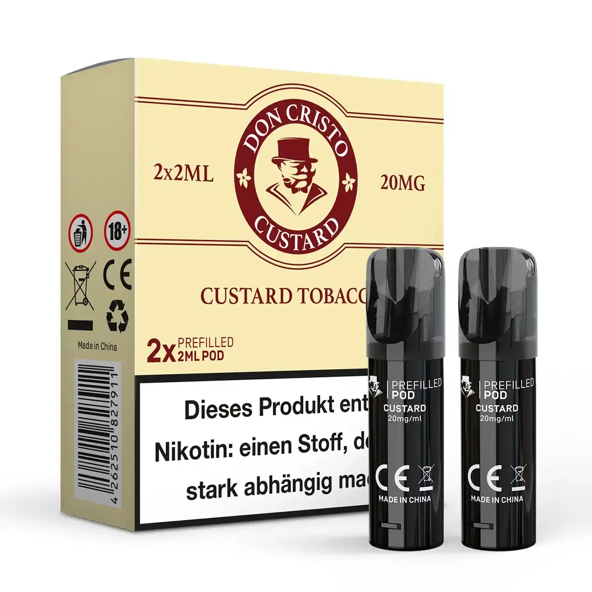 Don Cristo Custard Prefilled Pod 2x2ml in beige-goldener Verpackung mit zwei schwarzen Pods