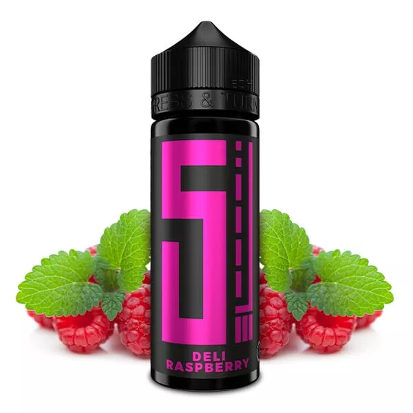 5 Elements Deli Raspberry Longfill 120ml, pinke Flasche mit Himbeermotiv und grünen Blättern