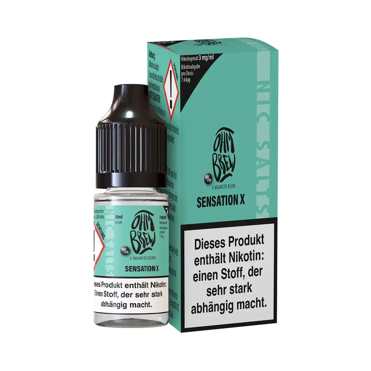 Ohmbrew Sensation X 10ml Nikotinsalz-Liquid – türkisfarbene Flasche mit Karton, Frontansicht