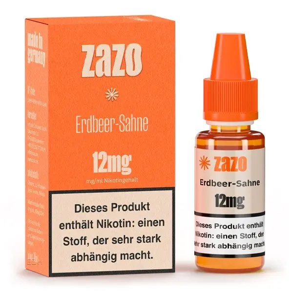 source166926.jpg ZAZO Classics Erdbeer-Sahne 10ml Liquid 12mg – orangefarbene Schachtel mit Flasche, Vorder- und Seitenansicht