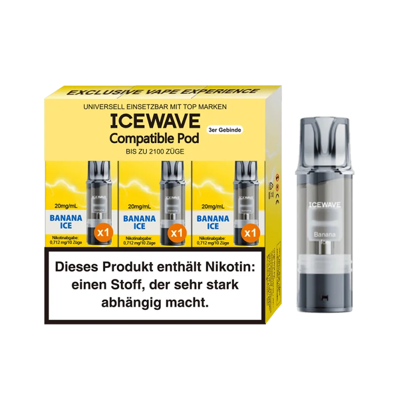 3 gelbe Icewave Prefilled Pods mit Banana Ice Aufdruck auf gelbem Hintergrund