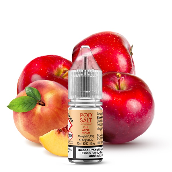 PodSalt Xtra Fuji Apple Peach 10ml Nikotinsalz-Liquid – Flasche vor roten Äpfeln und Pfirsich