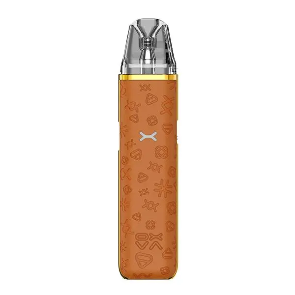 Oxva Xlim Go Pod Kit in Braun mit geprägtem Muster und transparentem Pod, Frontansicht