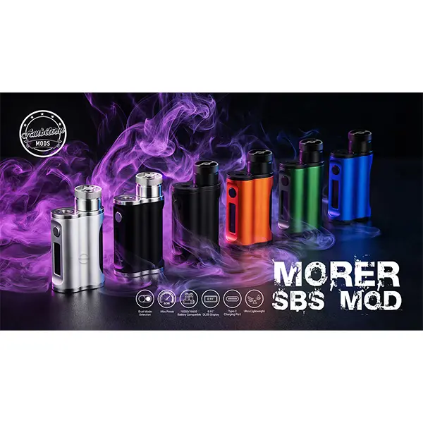 Ambition Mods Morer SBS Mod Akkuträger in mehreren Farbvarianten nebeneinander auf Werbebanner