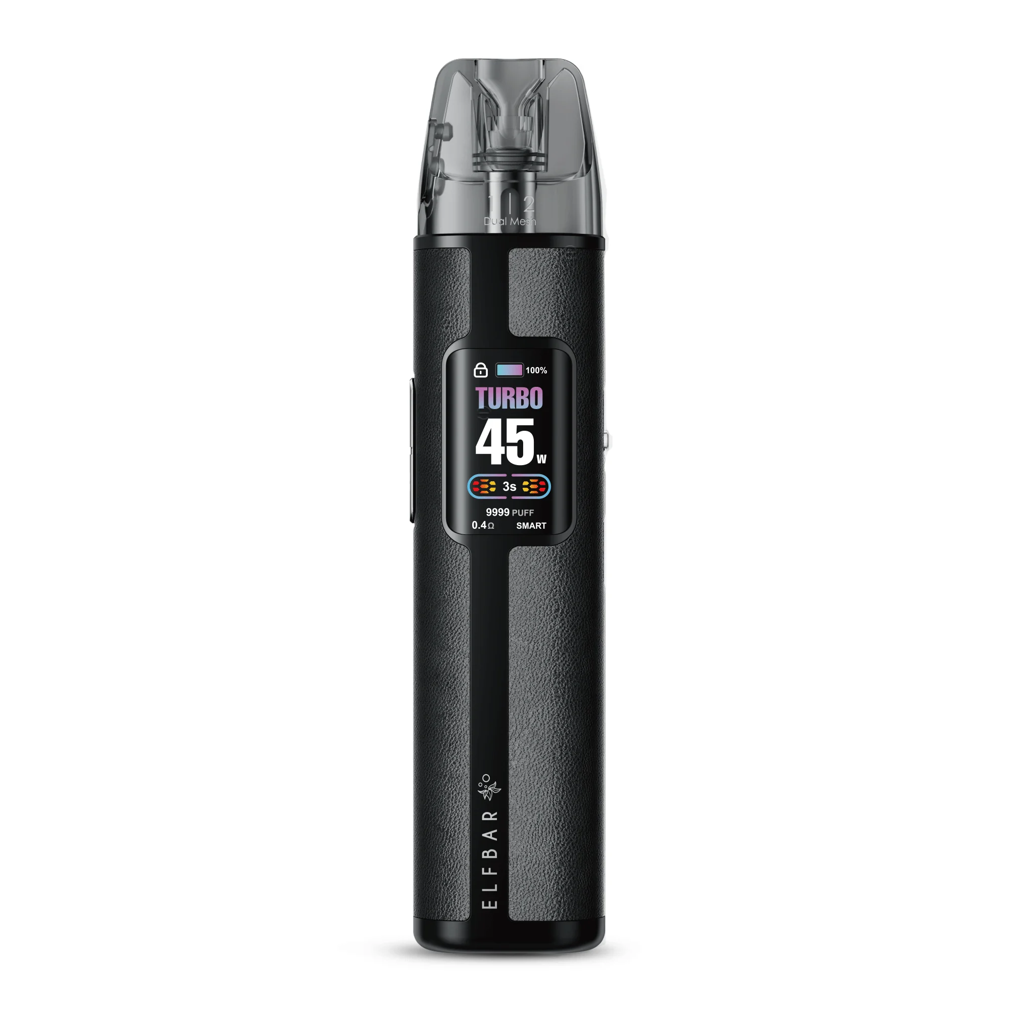 elfbar-elfX-pro-basisgerat-black-2.png Elfbar ELFX Pro Refillable Kit schwarzer Akkuträger mit Pod, Seitenansicht mit Display