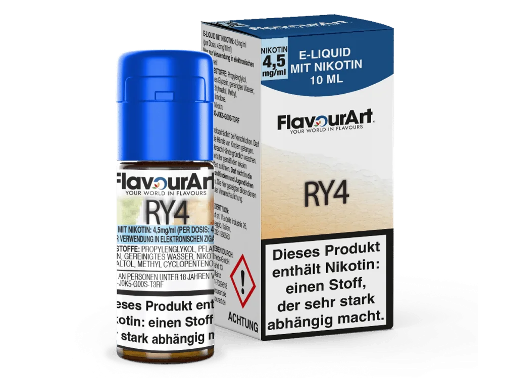 Flavourart RY4 10ml E-Liquid Flasche mit blauer Verpackungsbox, Tabak-Karamell-Geschmack