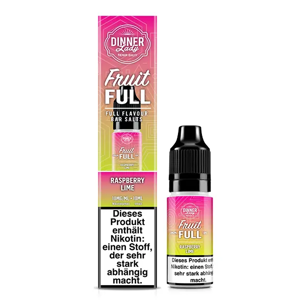 dinner-lady-fruit-raspberry-lime-nikotinsalz-2.jpg Dinner Lady Fruit Full Raspberry Lime 10ml Nikotinsalz-Liquid Flasche und Karton in Pink-Grün mit Fruchtmotiv
