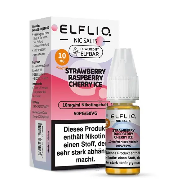 Elfliq Strawberry Raspberry Cherry Ice 10ml Nikotinsalz-Liquid – Nahaufnahme Flaschenetikett mit Nikotingehalt 50mg/ml