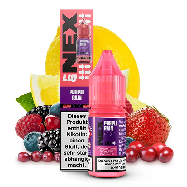 NexLiq Purple Rain Nikotinsalz-Liquid 10ml Flasche, seitliche Ansicht mit sichtbarem Warnhinweis-Etikett