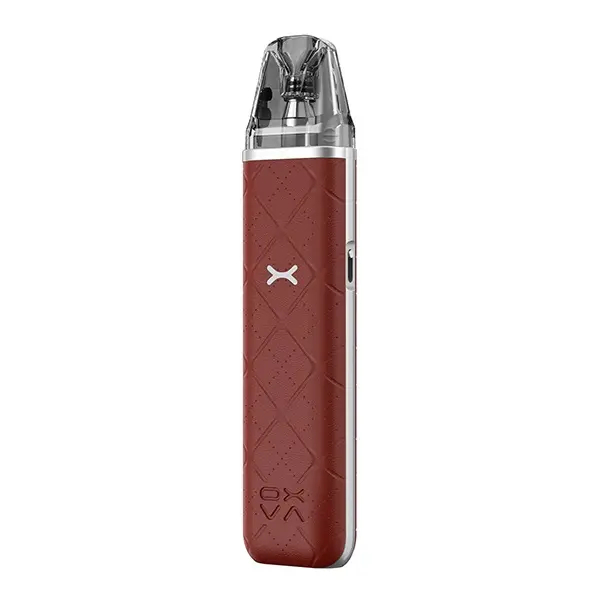 Oxva Xlim Go Pod Kit in Dunkelrot mit rautenförmigem Textilmuster und transparentem Pod