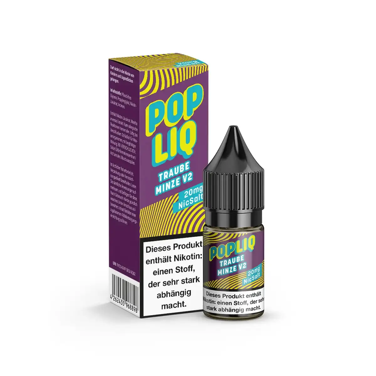 PopLiq Traube Minze V2 Nikotinsalz-Liquid 10ml – Flasche und lila-gelbe Verpackung, Seitenansicht