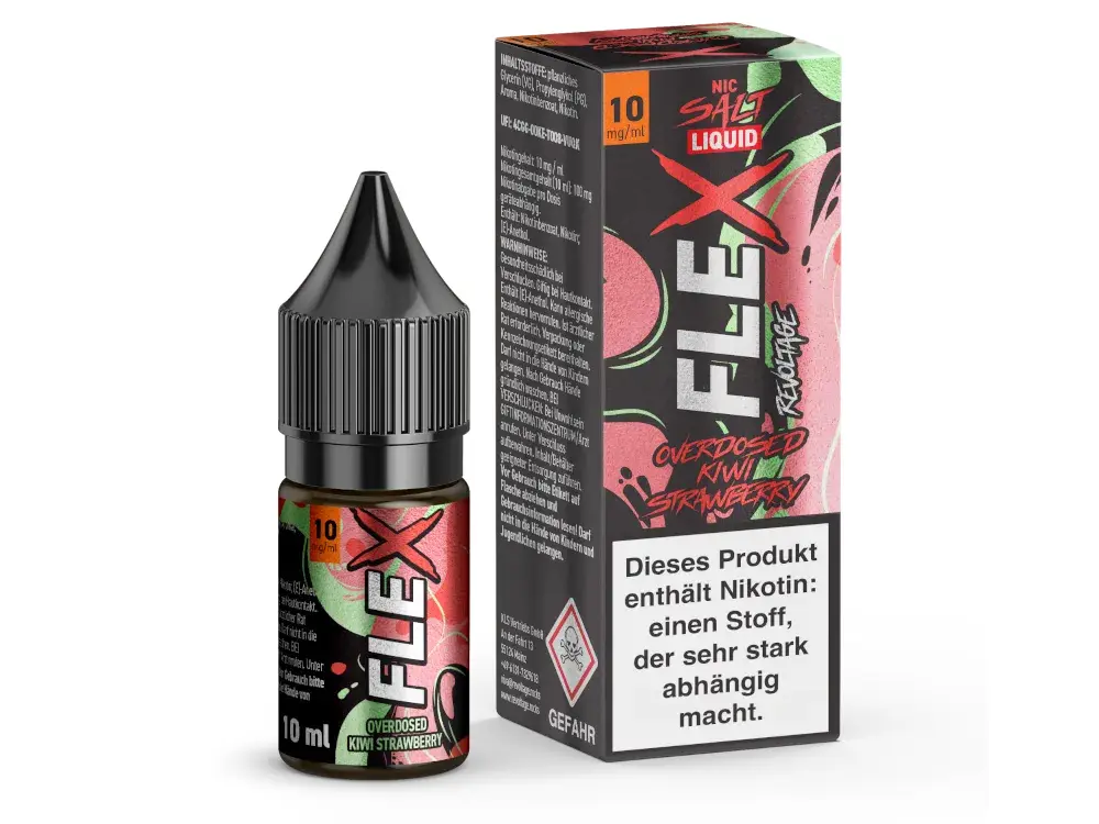 Revoltage-FLEX-Overdosed-Kiwi_Strawberry-NicSalt-10-mgml_1000x750.png.png Revoltage Flex Overdosed Kiwi Strawberry 10ml Nikotinsalz-Liquid – Flasche mit roter Frucht-Gestaltung, Frontansicht
