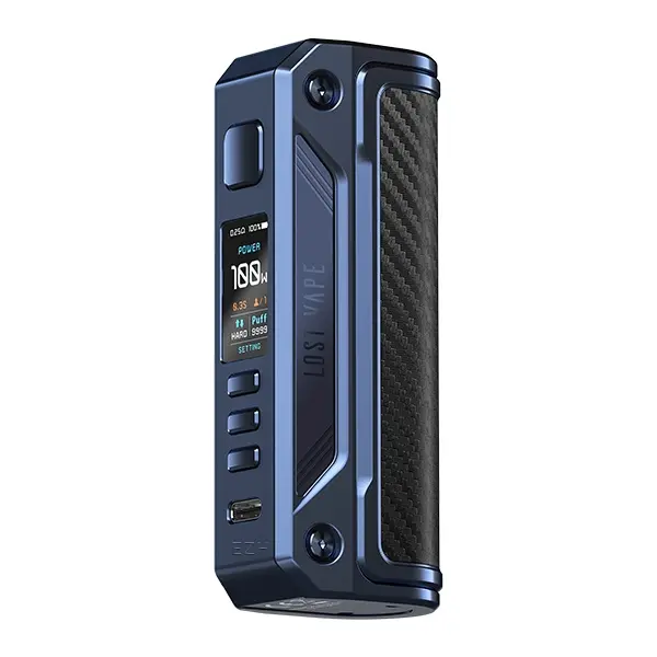Lost Vape Thelema Solo 100W Akkuträger in Blau mit Carbonfaser-Einsatz und OLED-Display, Frontansicht