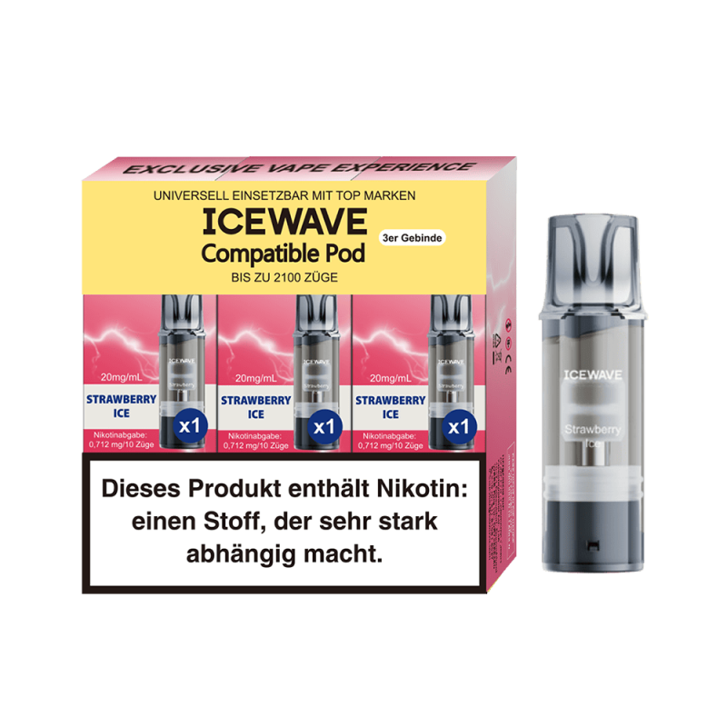 Icewave Prefilled Pod Strawberry Ice – 3er-Packung mit rosa-roten Pods und einzelnem Pod auf rotem Hintergrund