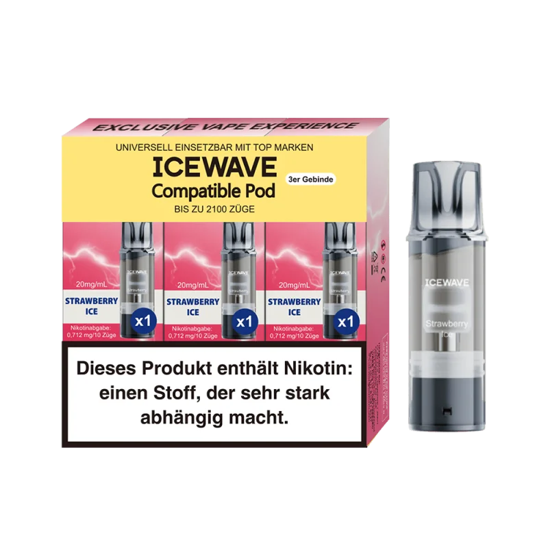 Icewave Prefilled Pod Strawberry Ice – 3er-Packung mit rosa-roten Pods und einzelnem Pod auf rotem Hintergrund