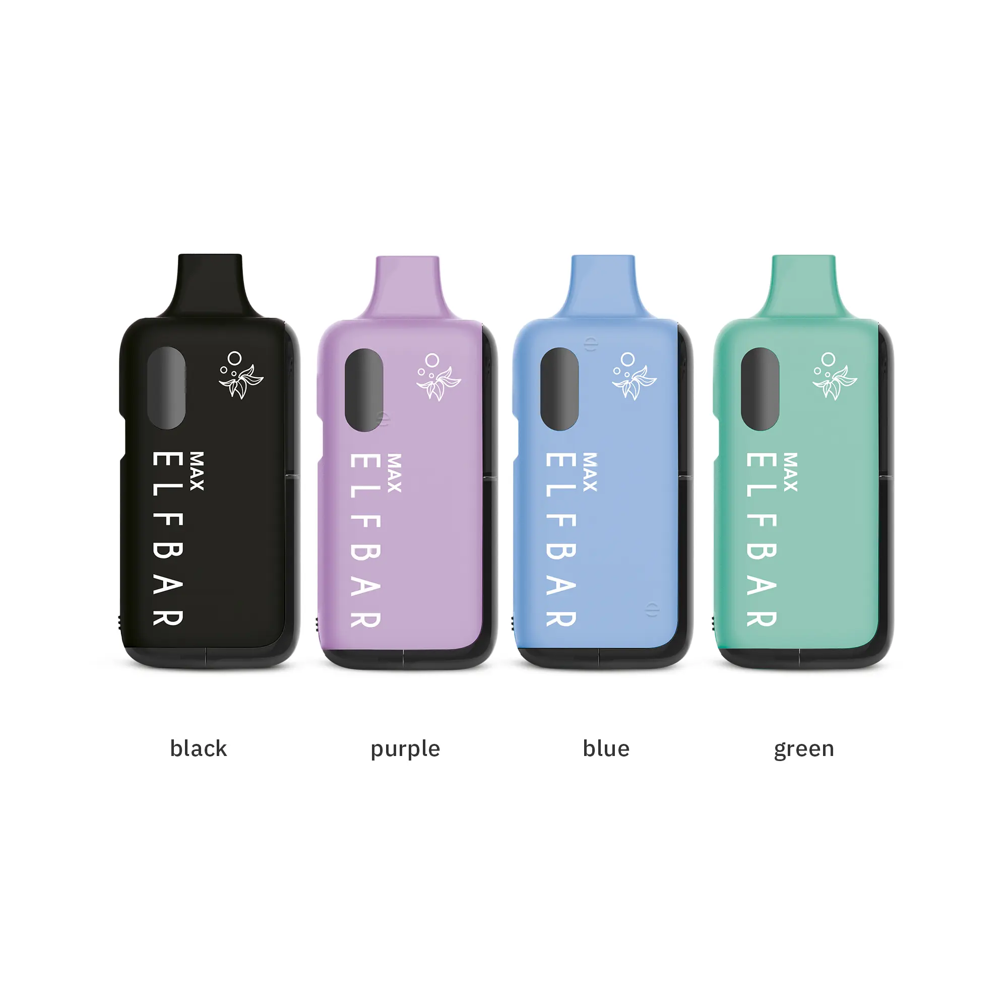 Elfbar Max Kit in vier Farben (schwarz, lila, blau, grün) – Komplett-Set Frontalansicht